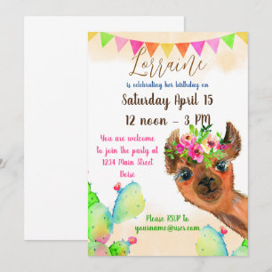 Invitación Llamita linda con flores y cactus personalizada pa