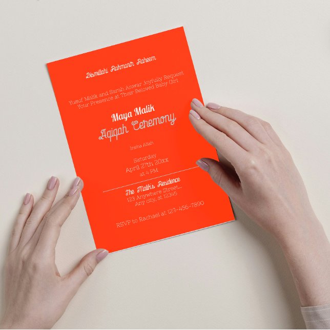 Invitación Llanura de color sólido blanco naranja, Aqiqah Bab (Subido por el creador)