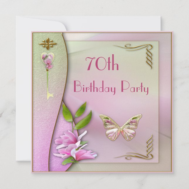 Invitación Llave glamurosa, Magnolia y mariposa 70 cumpleaños (Anverso)