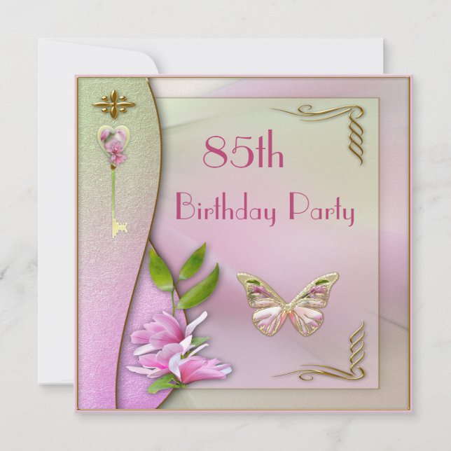 Invitación Llave glamurosa, Magnolia y mariposa 85 cumpleaños (Anverso)