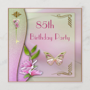 Invitación Llave glamurosa, Magnolia y mariposa 85 cumpleaños