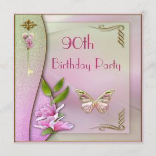 Invitación Llave glamurosa, Magnolia y mariposa 90 cumpleaños
