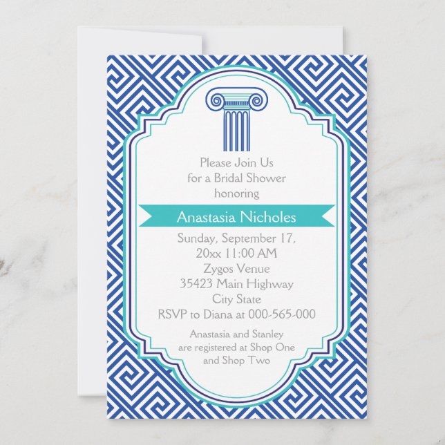 Invitación Llave griega y columna azul boda ducha de novia (Anverso)