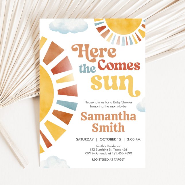 Invitación Llega el Sol Fiesta de Bebé (Here Comes the Sun Retro Baby Shower Invitation)