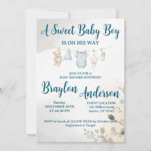 Invitación Llega un dulce bebé varón Fiesta de Baby Shower