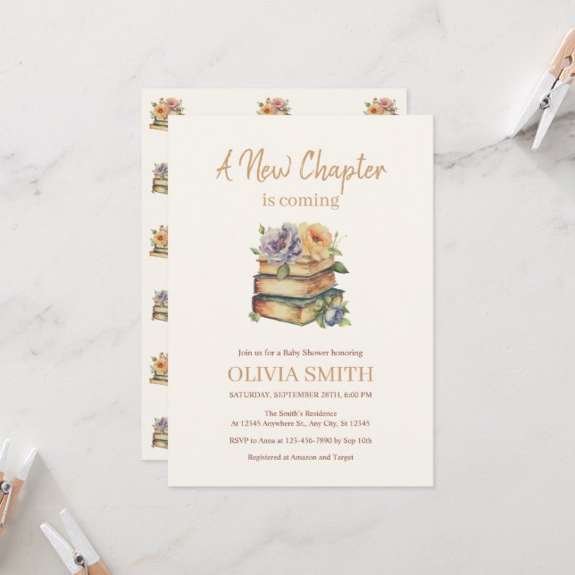 Invitación Llega un Nuevo Capítulo, Libros Con Flores (Anverso/Reverso In Situ)