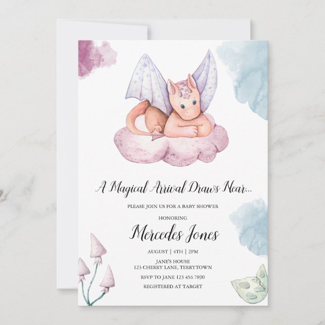 Invitación Llegada mágica cerca de Dragon Baby Shower (Anverso)