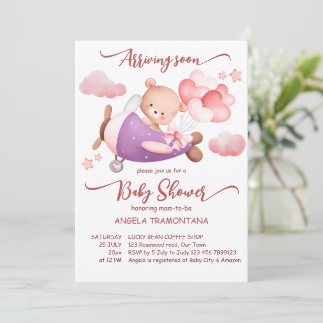 Invitación Llegando pronto un pequeño piloto de osito de pelu (Anverso de pie)