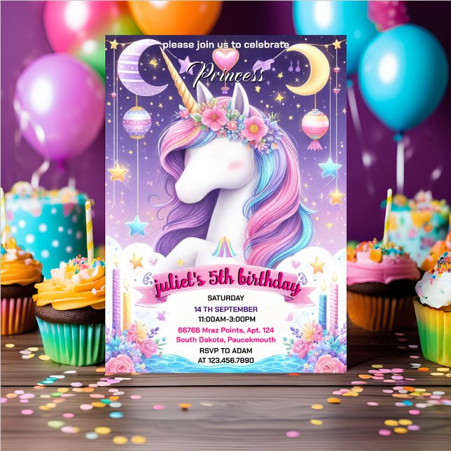 Invitación llenar unicornio morado lindo púrpura 1 cumpleaños (Subido por el creador)