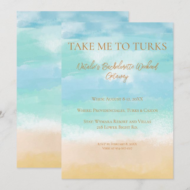 Invitación Llévame a las vacaciones de soltera en Turks Boda (Anverso / Reverso)