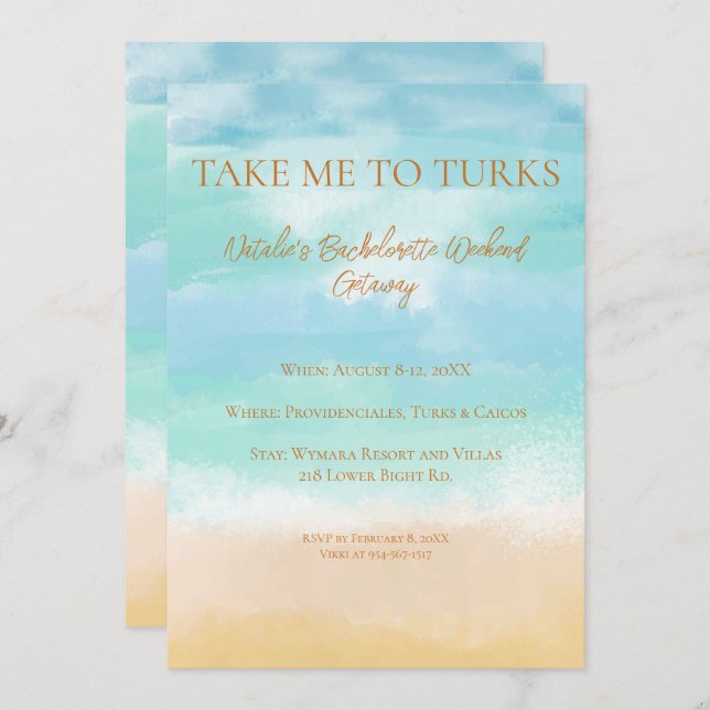 Invitación Llévame a Turks Boda de Soltera Vacaciones Despedi (Anverso / Reverso)