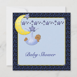 Invitación Lluvia Azul Amarillo Luna Estrellas Niño Étnico