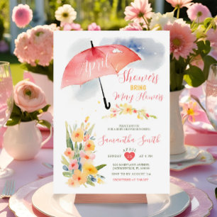 Invitación Lluvia Colorida de Abril Paraguas Rojo Baby Shower