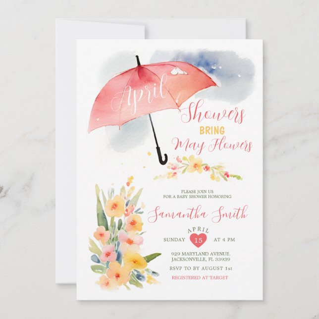 Invitación Lluvia de Abril Colorida Paraguas Rojo Baby Shower (Anverso)