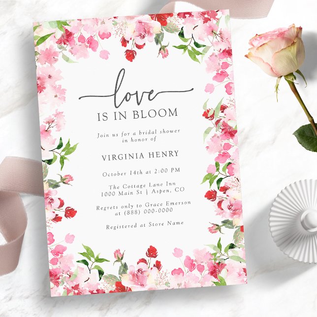 Invitación Lluvia de Amor: Desayuno para Novia (Love Is In Bloom Bridal Shower Invitation - Red and Pink Watercolor Floral)