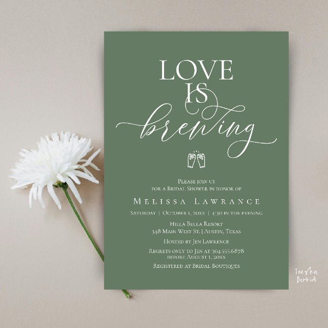 Invitación Lluvia de Amor Despedida de Soltera | Letra Elegan (Love Is Brewing Bridal Shower | Elegant Script Invitation Card in Sage Green)