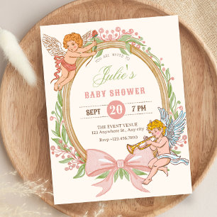 Invitación Lluvia de bebé arco floral cupido vintage