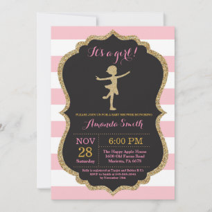 Invitación Lluvia de bebé Bailarina Brillo Rosa y Dorado
