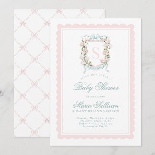Invitación Lluvia de Bebé de Monograma de Magnolia Rosa en Fl