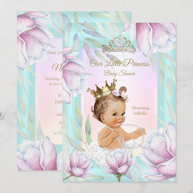 Invitación Lluvia de Bebé de Princesa Floral Verde Acuario Ro (Anverso / Reverso)