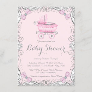 Invitación Lluvia de Bebé de Purpurina Rosa y Gris