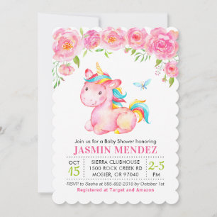 Invitación Lluvia de bebé de unicornio floral rosa niña