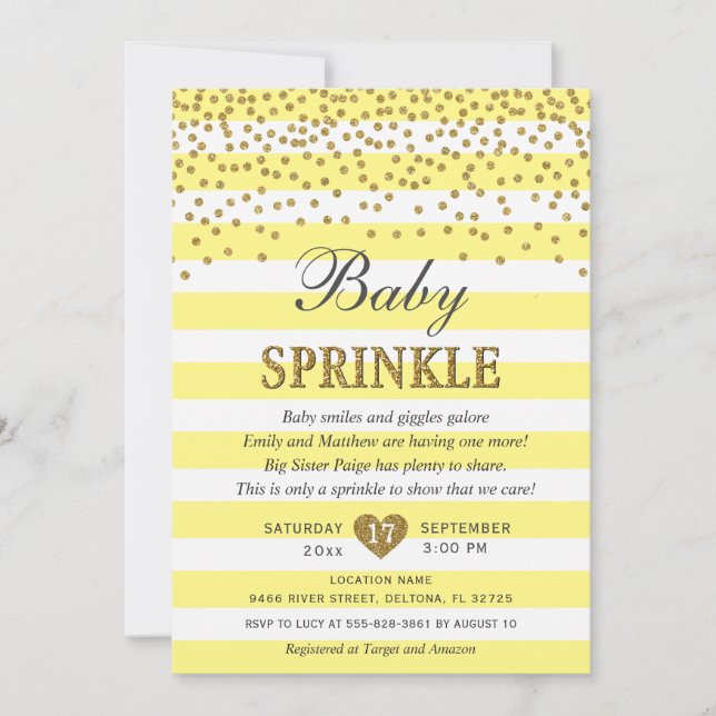 Invitación Lluvia de bebé en oro amarillo claro con franjas d (Anverso)