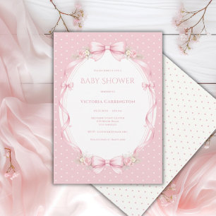 Invitación Lluvia de Bebé Floral Vintage con Lazo Rosa