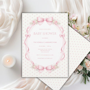 Invitación Lluvia de Bebé Floral Vintage con Lazo Rosa