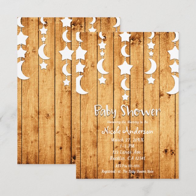 Invitación Lluvia de Bebé Madera de Roble Luna y Estrellas Bl (Anverso / Reverso)