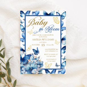 Invitación Lluvia de Bebé Mariposa Dorada Azul Floral en Flor