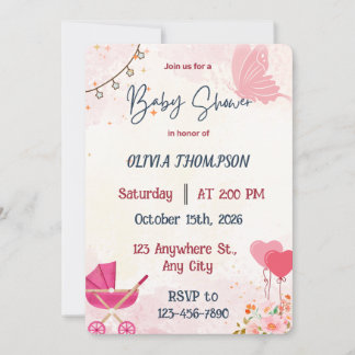 Invitación Lluvia de Bebé Mariposa Rosa y Cochecito de Bebé N