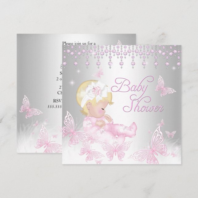 Invitación Lluvia de bebé mariposa sprinkle plateada rosa rub (Anverso / Reverso)