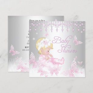 Invitación Lluvia de bebé mariposa sprinkle plateada rosa rub