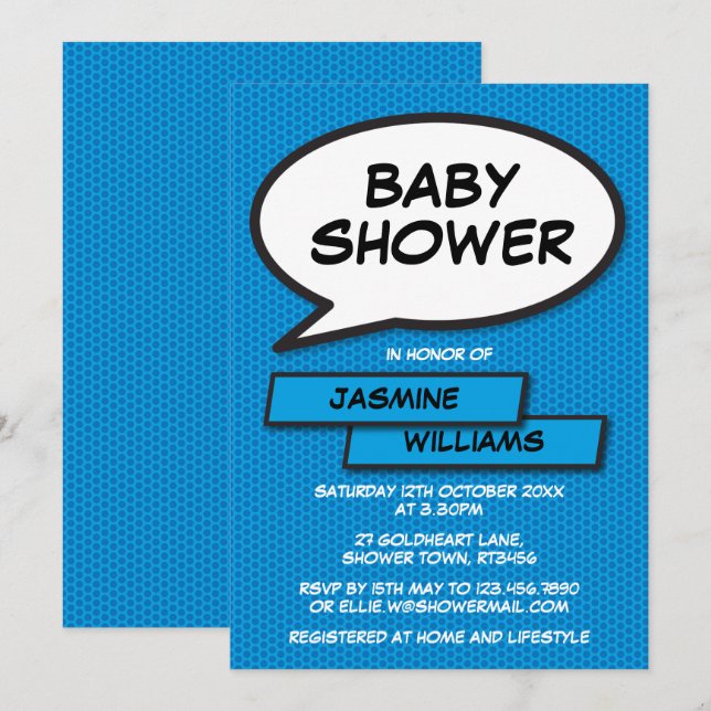 Invitación Lluvia de Bebé Moderno Niño Azul Divertido (Anverso / Reverso)