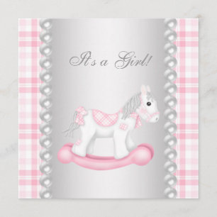 Invitación Lluvia de Bebé Niña Caballo Mecedor de Cuadros Ros
