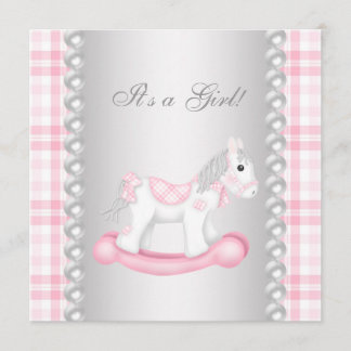 Invitación Lluvia de Bebé Niña Caballo Mecedor de Cuadros Ros