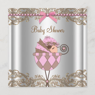 Invitación Lluvia de Bebé Niña Perlas Rosa Marrón en Encaje