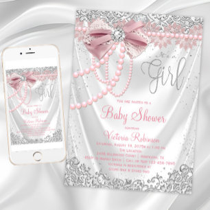 Invitación Lluvia de Bebé Niña Rosa Diamante Perla Rosa