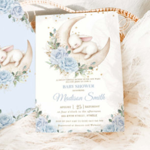 Invitación Lluvia de Bebé Niño Floral Azul Suave Luna de Cone