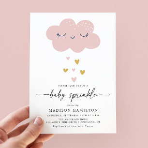 Invitación Lluvia de Bebé Nube Linda y Corazones Rosa y Dorad