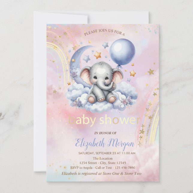 Invitación Lluvia de Bebé Oso de Peluche Luna Arcoíris  (Anverso)