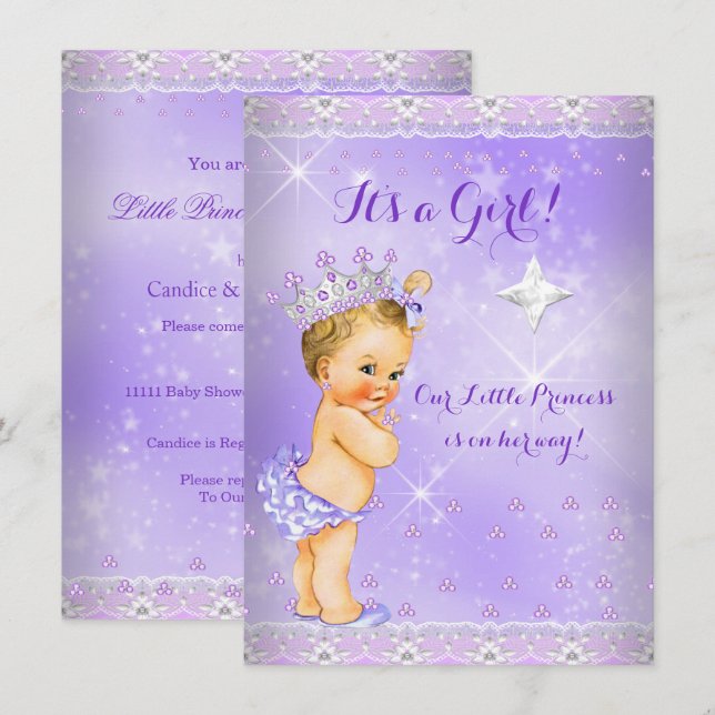 Invitación Lluvia de Bebé Princesa Lila Lavanda Tiara Rubia (Anverso / Reverso)
