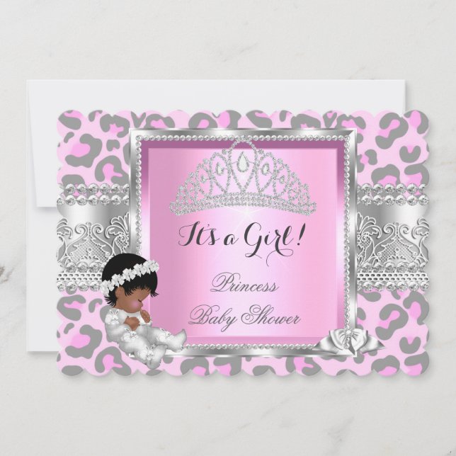 Invitación Lluvia de Bebé Princesa Niña Rosa Gris Leopardo 4 (Anverso)