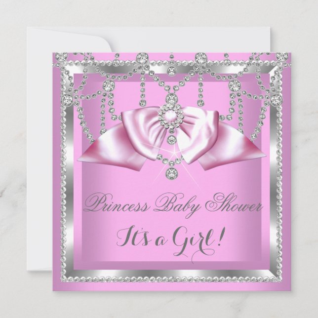 Invitación Lluvia de Bebé Princesa Niña Rosa Plateado Diamant (Anverso)