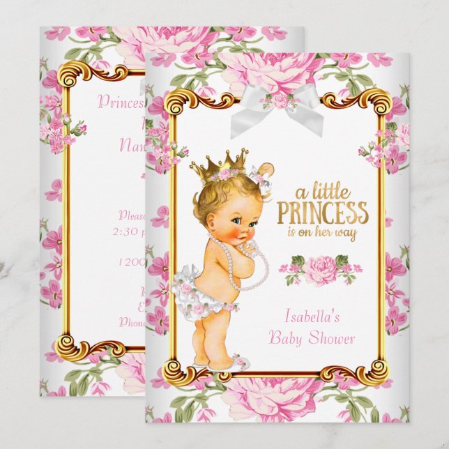 Invitación Lluvia de Bebé Princesa Rosa Blanco Floral Rubia 2 (Anverso / Reverso)