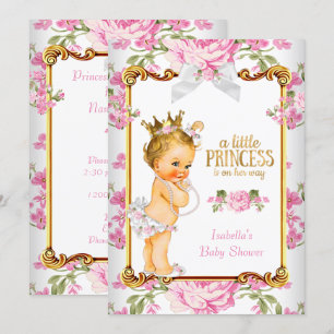 Invitación Lluvia de Bebé Princesa Rosa Blanco Floral Rubia 2