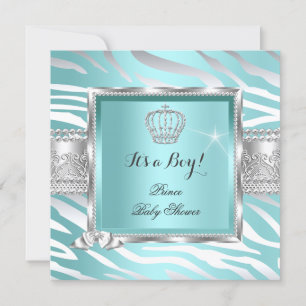Invitación Lluvia de Bebé Príncipe Niño Azul Teal Menta Cebra