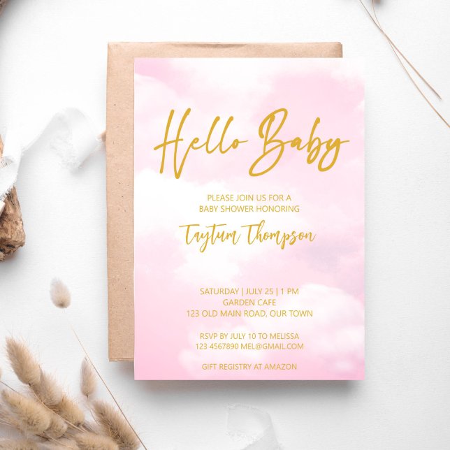 Invitación Lluvia de bebé rosa y dorado (Cloud baby shower pink and gold hello baby invitation template instant download)