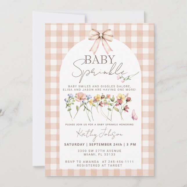 Invitación Lluvia de bebé Wildflower Neutral Gingham (Anverso)